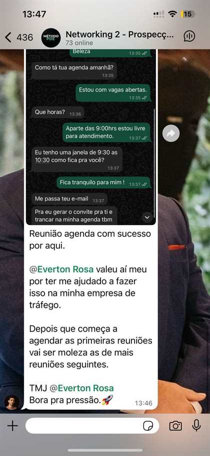 Aluno agradece por ajudar a agendar reuniões na empresa de tráfego